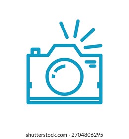 Clean, simple blue line art icon of a classic camera with a flash, representing photography, media, digital content, or social sharing.