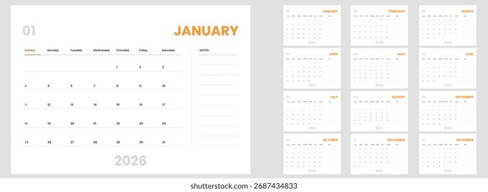 Clean and simple calendar template for 2026. Monthly 2026 calendar layout with daily planner and notes.