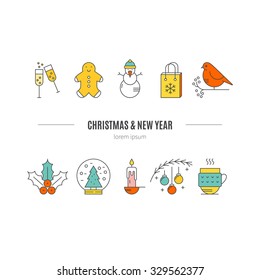 Clean and simple Christmas illustration with different winter and Christmas symbols.