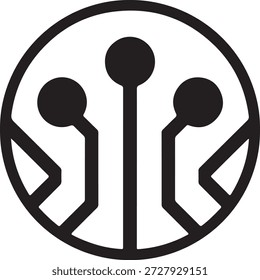 um ícone circular simples e limpo que representa circuitos e conexões eletrônicas.