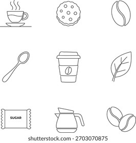 A clean and simple coffee break icon bundle featuring a tiny espresso cup, steam, cookie, spoon, and beans. 