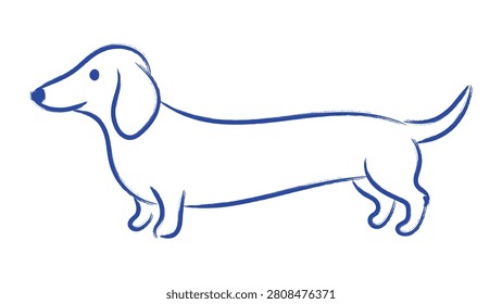 A clean and simple continuous line art vector illustration of a dachshund dog in a vibrant blue color. The minimalist design features fluid strokes.