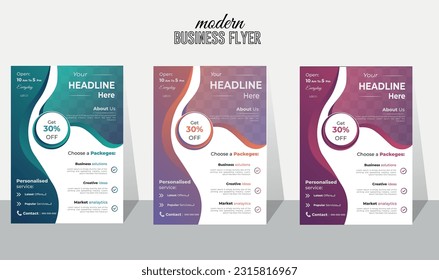 Clean and simple corporate modern multipurpose wavy gradient shape  vector creative curvy a4 business flyer design templet, Advertisement colourful creative social promotion flyer set.