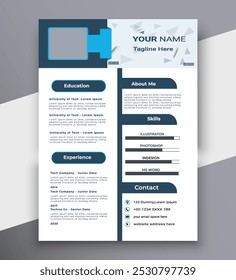 Clean and simple creative blue and white background curriculum vitae template design with photo space