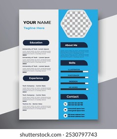 Clean and simple creative blue and white background curriculum vitae template design with photo space