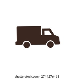 A clean and simple dark brown silhouette icon of a delivery truck or van, isolated on a white background. Ideal for logistics and shipping concepts.