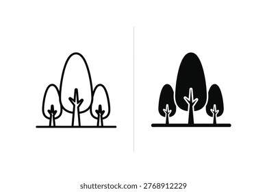 A clean and simple depiction of trees in two styles: outline and solid silhouette. This versatile graphic is perfect for concepts related to nature, environment, or design projects.