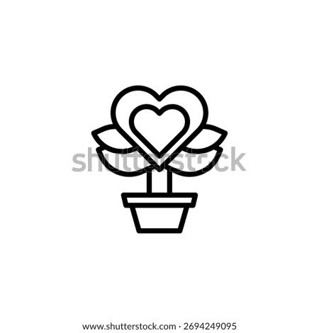 A clean and simple design featuring a plant shaped like a heart growing in a pot, symbolizing the growth of love, care, and relationships. This vector illustration evokes a sense of tenderness and