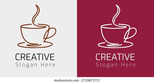 Um desenho limpo e simples de uma xícara de café quente com o vapor subindo. Este design usa uma linha única e suave para criar um visual moderno, perfeito para um logotipo ou símbolo de marca. 