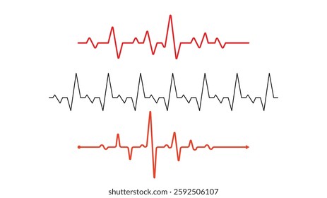 Clean and simple ECG (electrocardiogram) heartbeat illustration featuring red and black pulse lines on a white background, symbolizing medical monitoring, cardiology, and vital signs.