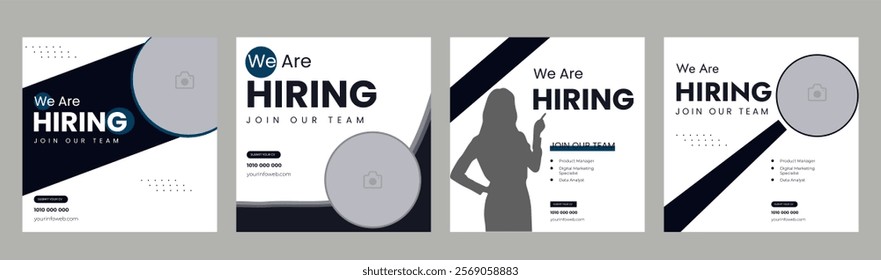 Clean and simple employee hiring social media post banner template. We want a minimalistic flyer template with large text. We're hiring. We're pursuing creative concepts. Hiring for creative work.