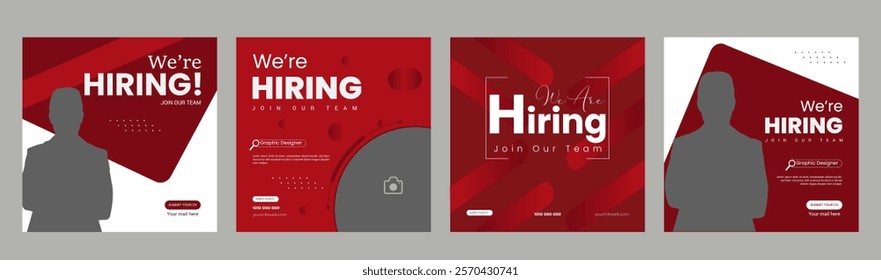 Clean and simple employee hiring social media post banner template. We want a minimalistic flyer template with large text. We're hiring. We're pursuing creative concepts. Hiring for creative work.