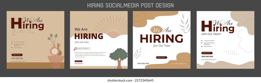 Clean and simple employee hiring social media post banner template. We want a minimalistic flyer template with large text. We're hiring. We're pursuing creative concepts. Hiring for creative work.