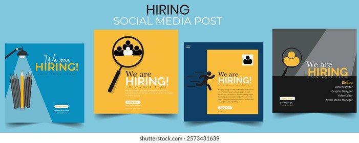 Clean and simple employee hiring social media post banner template.
We are hiring minimalistic teal flyer template with big letters.
We are hiring job vacancy social media post or square web banner.