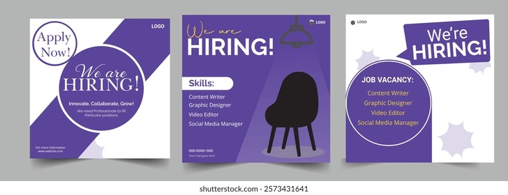 Clean and simple employee hiring social media post banner template.
We are hiring minimalistic teal flyer template with big letters.
We are hiring job vacancy social media post or square web banner.