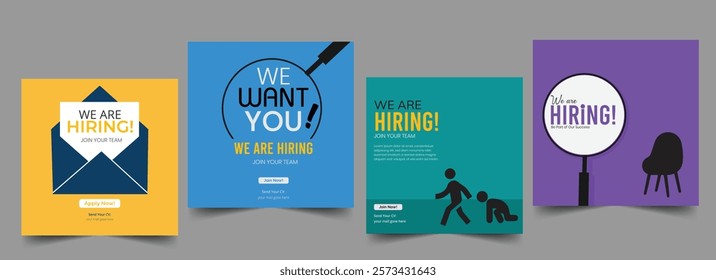 Clean and simple employee hiring social media post banner template.
We are hiring minimalistic teal flyer template with big letters.
We are hiring job vacancy social media post or square web banner.