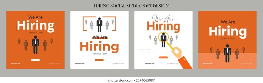 Clean and simple employee hiring social media post banner template. We want a minimalistic flyer template with large text. We're hiring. We're pursuing creative concepts. Hiring for creative work.