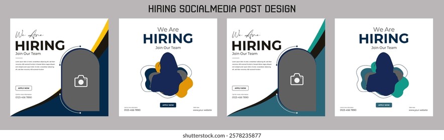 Clean and simple employee hiring social media post banner template. We want a minimalistic flyer template with large text. We're hiring. We're pursuing creative concepts. Hiring for creative work.