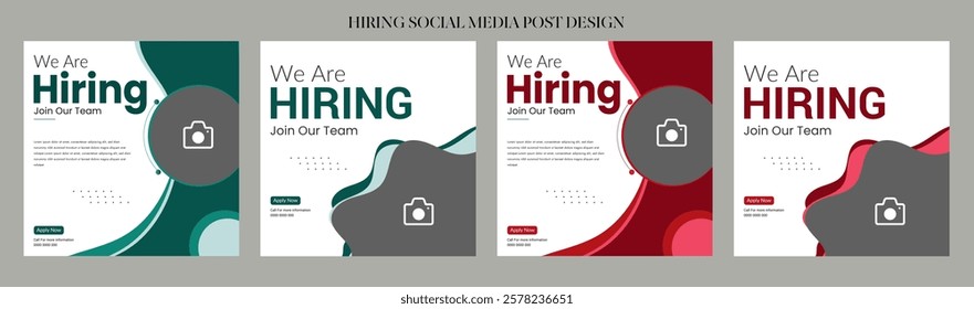 Clean and simple employee hiring social media post banner template. We want a minimalistic flyer template with large text. We're hiring. We're pursuing creative concepts. Hiring for creative work.