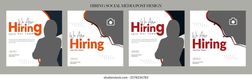 Clean and simple employee hiring social media post banner template. We want a minimalistic flyer template with large text. We're hiring. We're pursuing creative concepts. Hiring for creative work.