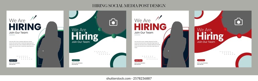 Clean and simple employee hiring social media post banner template. We want a minimalistic flyer template with large text. We're hiring. We're pursuing creative concepts. Hiring for creative work.