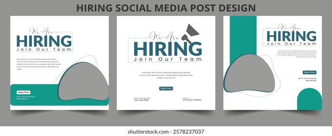 Clean and simple employee hiring social media post banner template. We want a minimalistic flyer template with large text. We're hiring. We're pursuing creative concepts. Hiring for creative work.