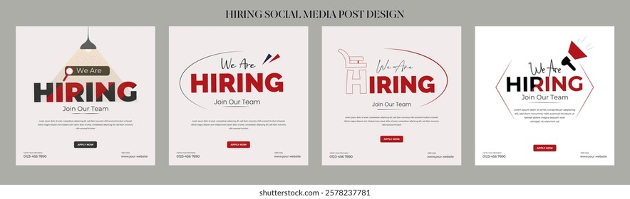 Clean and simple employee hiring social media post banner template. We want a minimalistic flyer template with large text. We're hiring. We're pursuing creative concepts. Hiring for creative work.