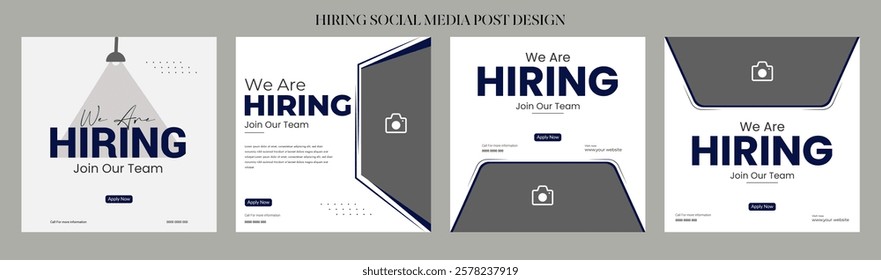 Clean and simple employee hiring social media post banner template. We want a minimalistic flyer template with large text. We're hiring. We're pursuing creative concepts. Hiring for creative work.