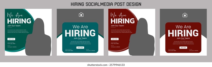 Clean and simple employee hiring social media post banner template. We want a minimalistic flyer template with large text. We're hiring. We're pursuing creative concepts. Hiring for creative work.