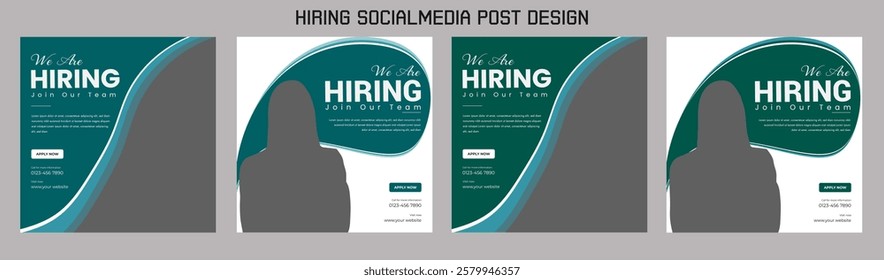 Clean and simple employee hiring social media post banner template. We want a minimalistic flyer template with large text. We're hiring. We're pursuing creative concepts. Hiring for creative work.