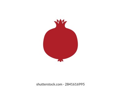 A clean and simple flat vector design of a whole pomegranate fruit in deep red color centered on a white backdrop.