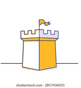 A clean and simple flat vector icon depicting a fortified castle tower with battlements and a small fluttering flag on top against a white background