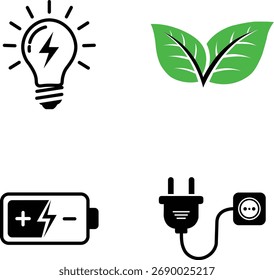 A clean and simple graphic collection representing sustainable energy concepts including a light bulb with a lightning bolt, green leaves, a battery, and a power plug connected to a socket