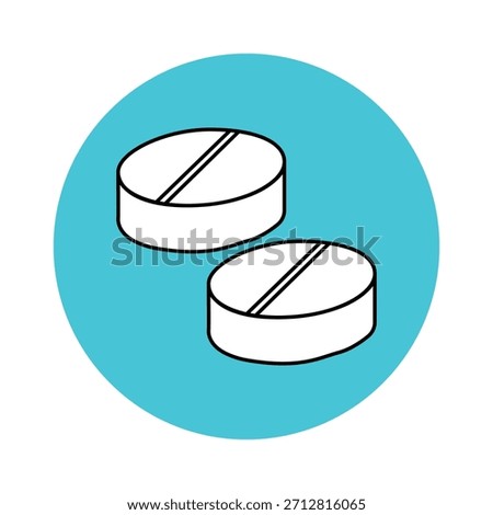 A clean, simple graphic depicts two white round medical pills, each with a diagonal line, set within a vibrant teal circle. This modern illustration symbolizes essential healthcare, medication, wellness, and pharmaceutical treatment.
