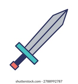 A clean and simple graphic design illustration featuring a sword with a grey blade and a colorful handle against a white background