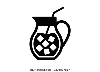 A clean and simple graphic representation of a beverage jug filled with a cold drink and ice cubes. This solid black vector icon depicts a pitcher with a straw extending from the top making it perfect for summer themes menu designs and food service applications.