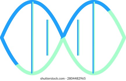 A clean and simple graphic representation of a genetic DNA double helix featuring vibrant cyan and mint green curved lines.