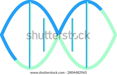 A clean and simple graphic representation of a genetic DNA double helix featuring vibrant cyan and mint green curved lines.