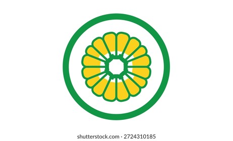 Representação gráfica simples e limpa de uma flor amarela estilizada ou de um emblema de explosão solar, inserida dentro de um círculo verde espesso, sobre um fundo branco.