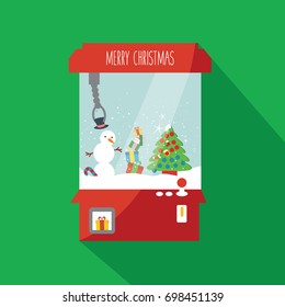 clean simple greeting card & postcard vector isolated & concept or creative cartoon machine with cute sweet snowman, Christmas tree & gifts box inside with santa claus. merry christmas on flat design