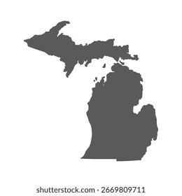 A clean and simple grey map of the state of Michigan, isolated on a pure white background. 