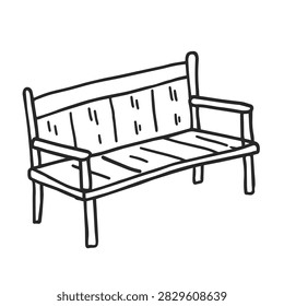 A clean and simple hand drawn black and white line art illustration of a wooden park bench with armrests and backrest slats.