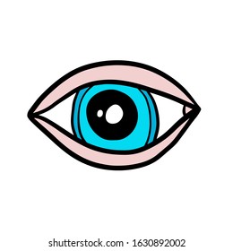 Clean and simple hand drawn logo eye illustration in cartoon comic style pink blue poster