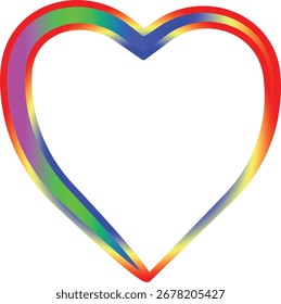 Ein sauberer und einfacher herzförmiger Rahmen mit einem glatten, gemischten Regenbogenverlauf entlang seiner Grenze. Der Farbverlauf wechselt durch sanfte Farbtöne von Rot, Lila, Grün und Gelb. 