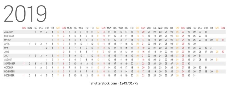 clean and simple horizontal year 2019 calendar vector illustration