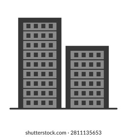 A clean and simple icon featuring two modern urban skyscrapers of different heights, representing city development, real estate, architecture, business, and urban life.