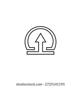 Um ícone limpo e simples com uma seta para cima dentro de um compartimento circular, simbolizando o desenvolvimento do crescimento e o impulso para a frente rumo à realização.