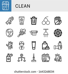 clean simple icons set. Contains such icons as Bin, Hand washing, Face cream, Cherry, Gloves, Facial mask, Dental checkup, Towel, Shower, can be used for web, mobile and logo