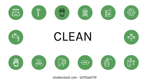 clean simple icons set. Contains such icons as Napkin holder, Dental drill, Mobile, Maid, Juice box, Recycle, Glove, Hand sanitizer, Tooth, can be used for web, mobile and logo