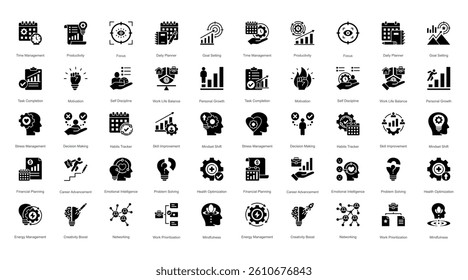 Clean and simple icons to support productivity, time control, focus habits, and balanced living for modern professionals.